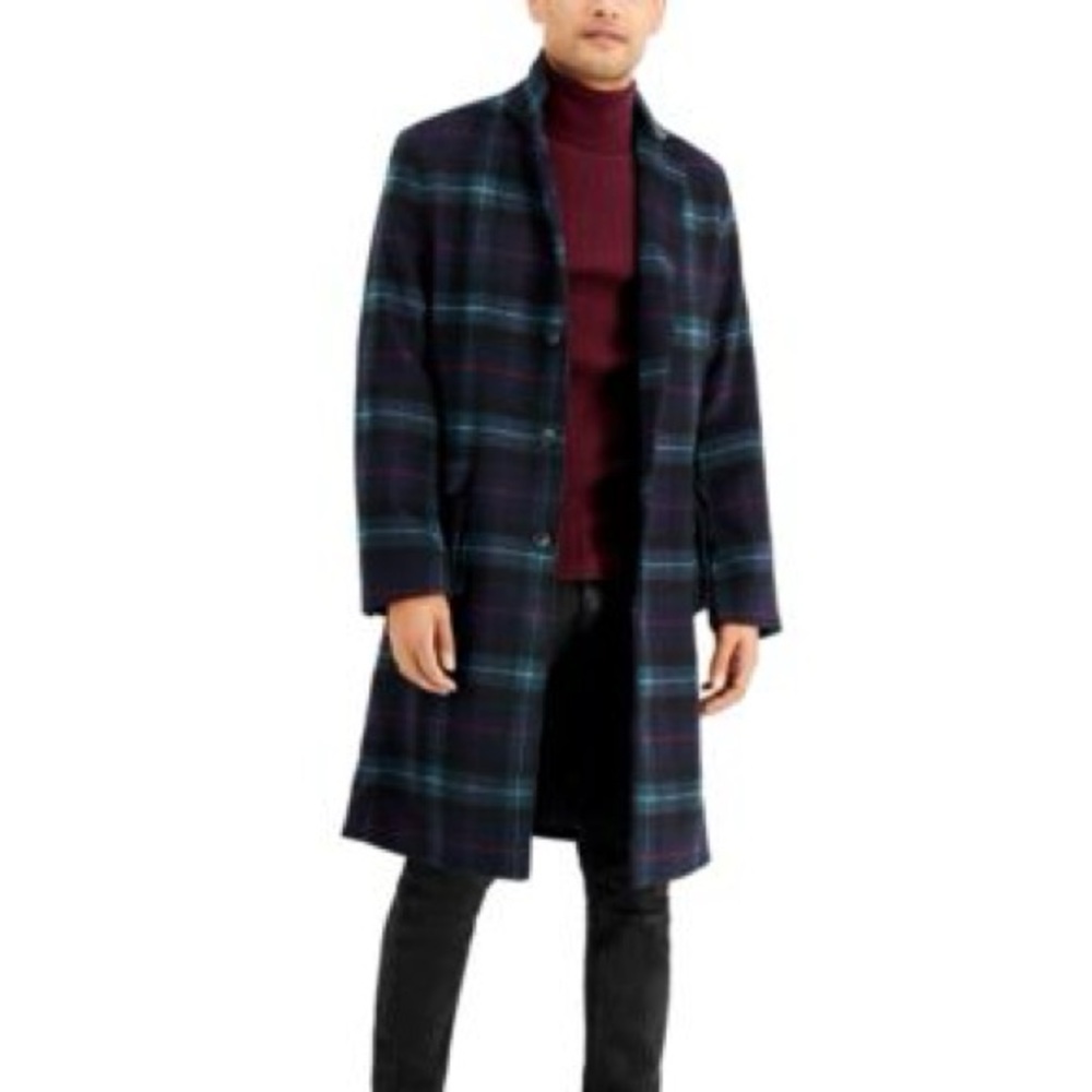 INC International Concepts Men's Navy Plaid Trench Coat